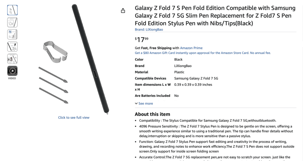 Galaxy Z Fold 7 S Pen Third party on Amazon